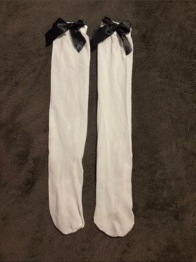 White Knee-High Socks with Black Bow Accent - Unbranded